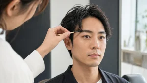 メンズ眉毛サロンで眉の形を確認する男性