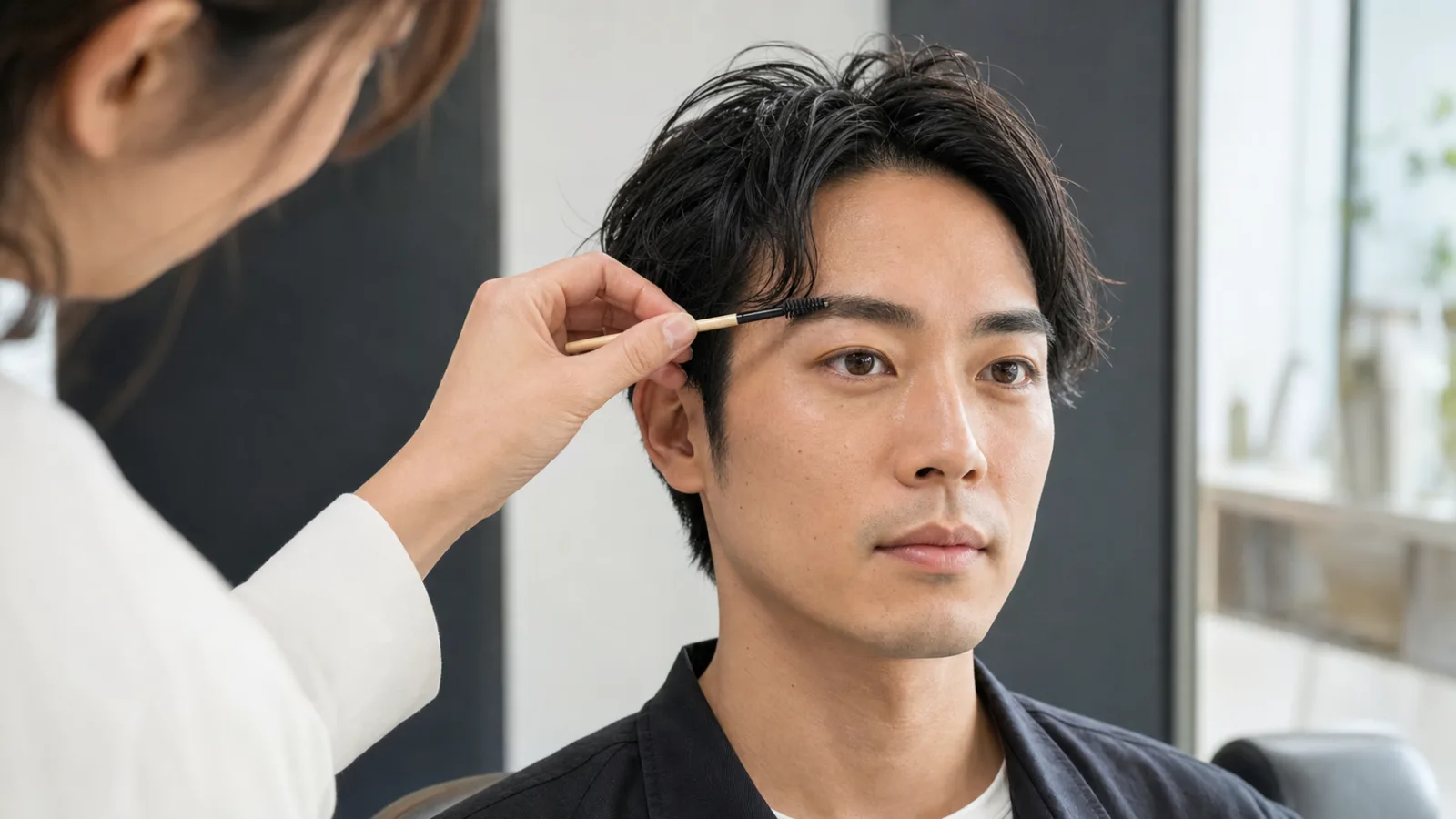 メンズ眉毛サロンで眉の形を確認する男性