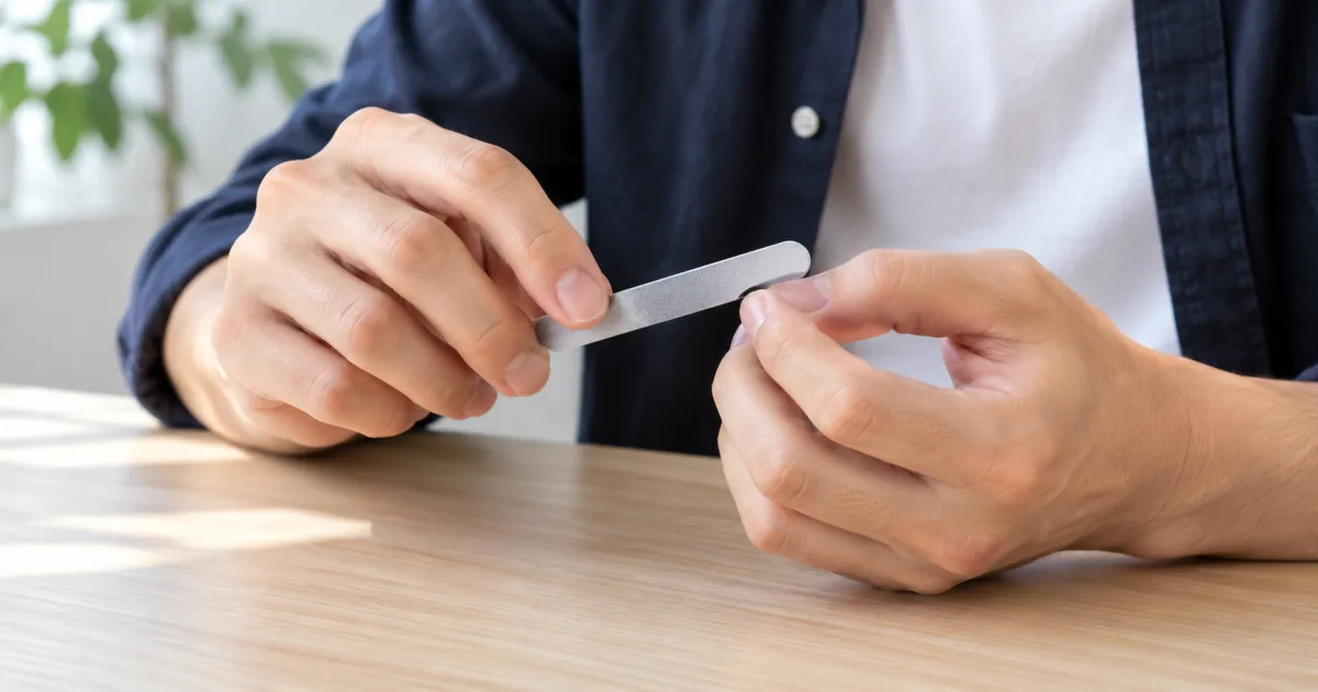 爪やすりで短い爪の先を整える男性の手元イメージ
