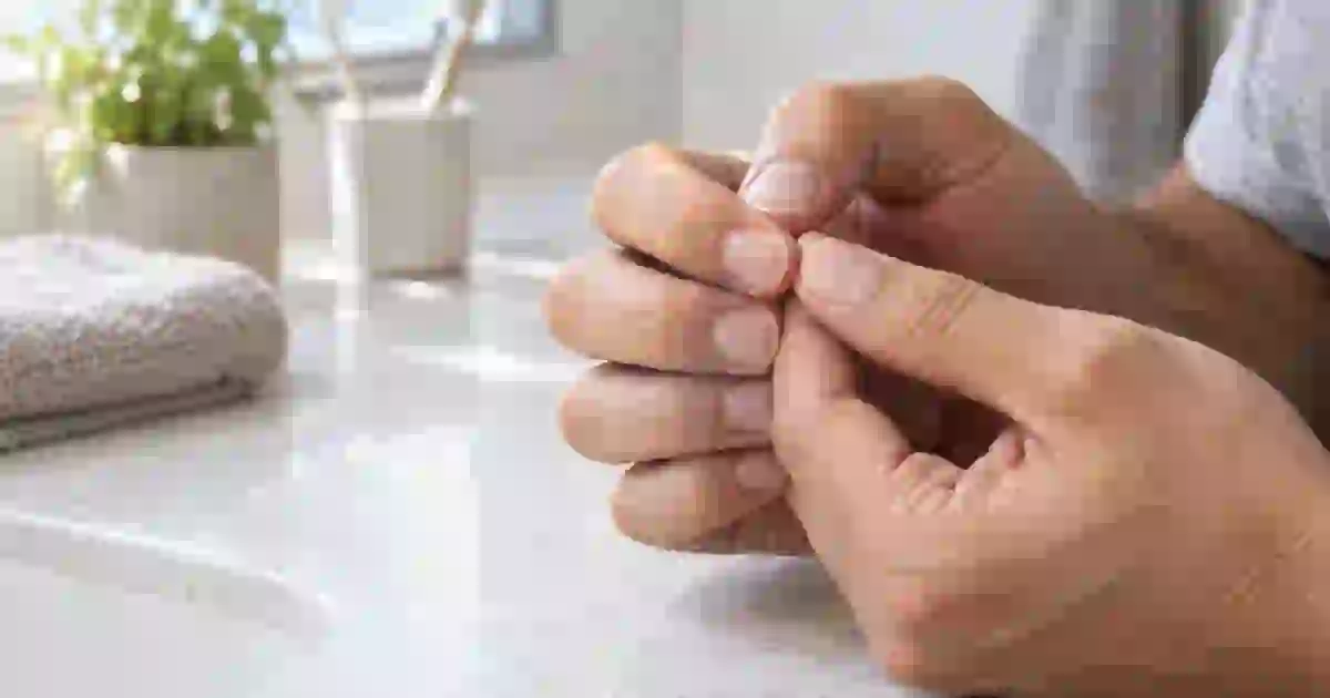 ささくれが気になる短い爪を確認する男性の手元イメージ