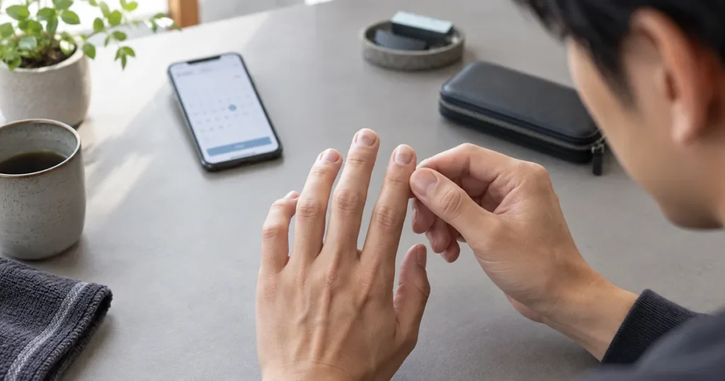 予約前に自分の指先と爪の状態を確認する男性のイメージ
