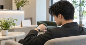 腕時計を見ながら次回の眉毛サロン予約を考える男性のイメージ