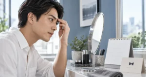 鏡の前で眉毛を確認しながら予定を考える男性のイメージ