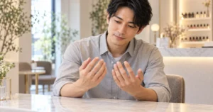 ネイルサロンへ行く前に自然な爪の状態を確認する男性のイメージ
